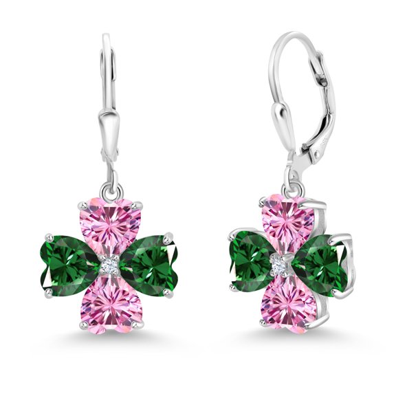 Gem Stone King 925 Sterling Silver Green Nano Emerald and Pink Moissanite Dangle Earrings for Women (6.02 Cttw, Gemstone May Birthstone, Heart Shape 6MM)