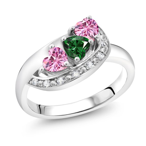 Gem Stone King 0.96 Cttw Green Nano Emerald and Pink Moissanite and White Created Sapphire Engagement Ring for Women | 925 Sterling Silver | Gemstone Birthstone | Heart Shape 4MM | Size 7