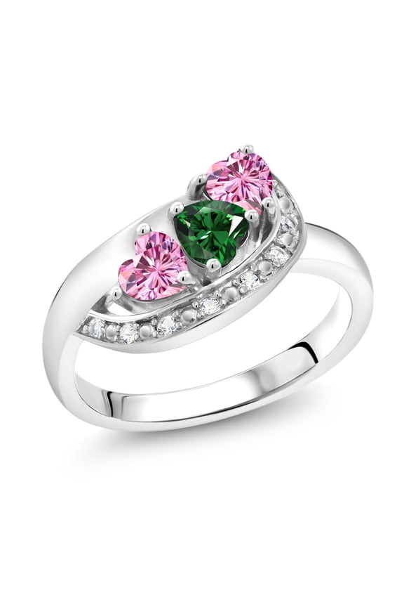 0.96 Cttw Green Nano Emerald and Pink Moissanite and White Created Sapphire Engagement Ring for Women | 925 Sterling Silver | Gemstone Birthstone | Heart Shape 4MM | Size 6
