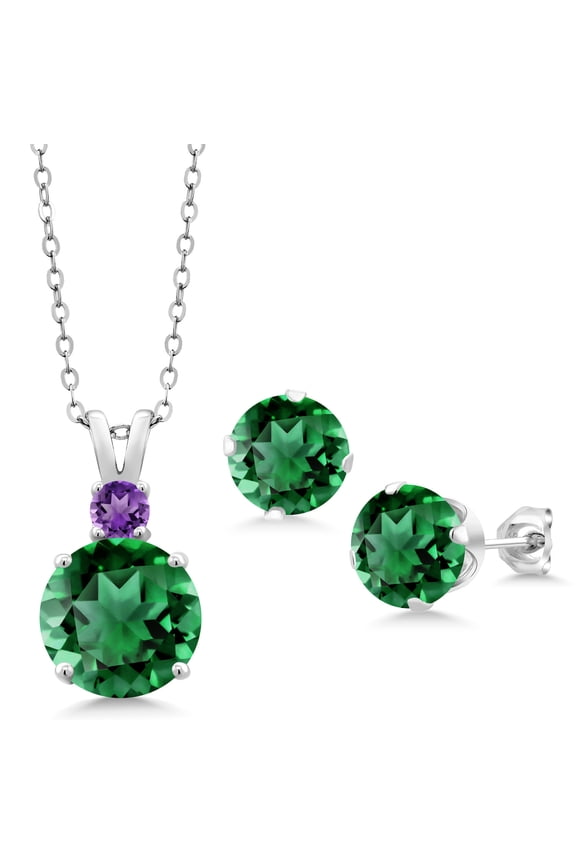 925 Sterling Silver Green Nano Emerald and Purple Amethyst Pendant and Earrings Jewelry Set for Women (10.54 Cttw, Round 10MM, Gemstone May Birthstone, with 18 inch Silver Chain)
