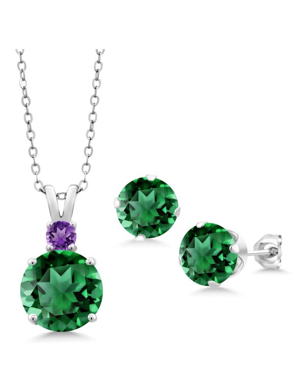 925 Sterling Silver Green Nano Emerald and Purple Amethyst Pendant and Earrings Jewelry Set for Women (10.54 Cttw, Round 10MM, Gemstone May Birthstone, with 18 inch Silver Chain)