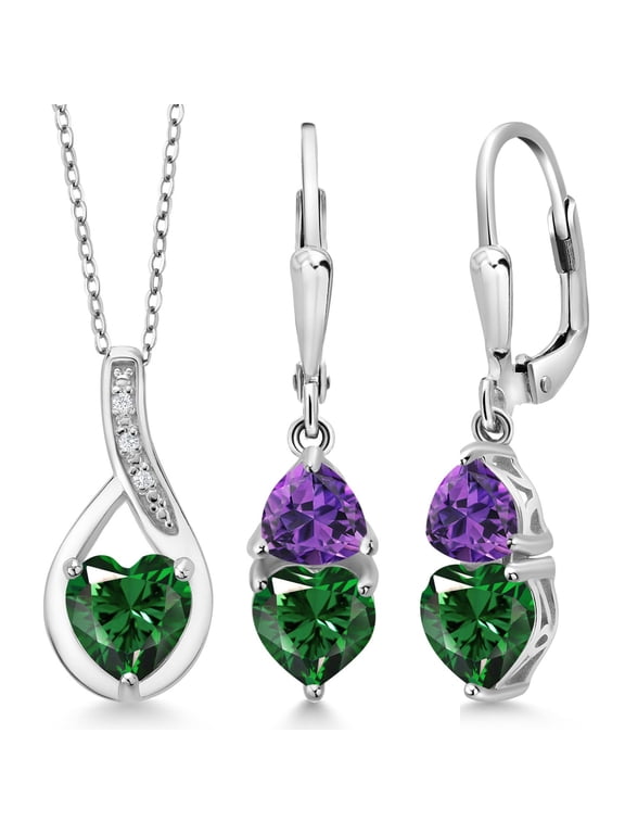 925 Sterling Silver Green Nano Emerald and Purple Amethyst Pendant Earrings Set for Women (3.20 Cttw, Gemstone May Birthstone, with 18 inch Chain)