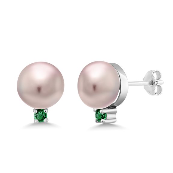 Gem Stone King 925 Sterling Silver Green Nano Emerald Purple Lavender Cultured Freshwater Pearls Earrings for Women (0.05 Cttw, Gemstone May Birthstone, Round 2MM)