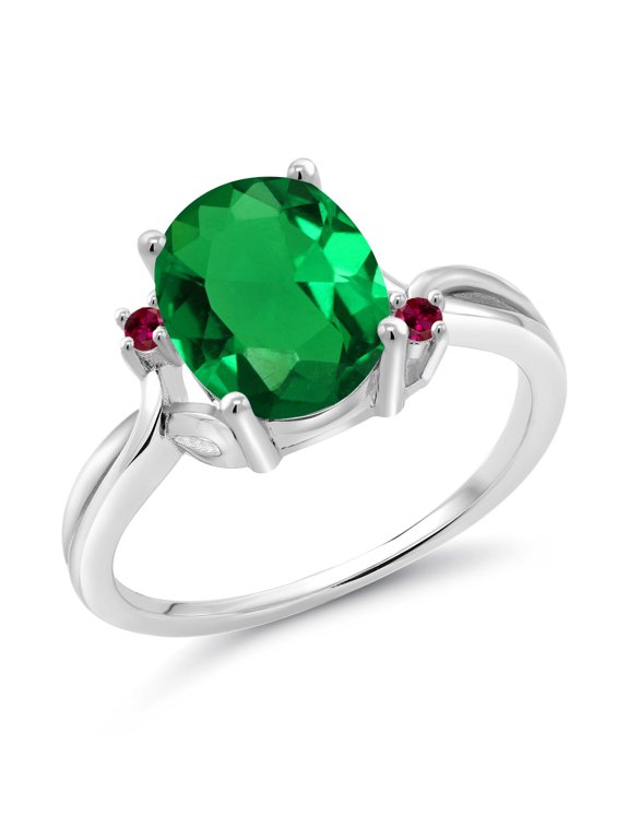 925 Sterling Silver Green Nano Emerald and Red Created Ruby 3 Stone Ring for Women (2.03 Cttw, Oval 10X8MM, Gemstone May Birthstone, Size 9)