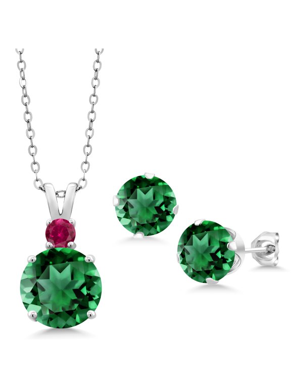925 Sterling Silver Green Nano Emerald and Red Created Ruby Pendant and Earrings Jewelry Set for Women (10.63 Cttw, Round 10MM, Gemstone May Birthstone, with 18 inch Silver Chain)