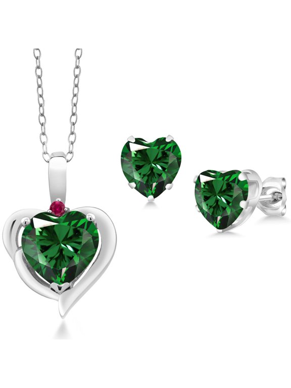 925 Sterling Silver Green Nano Emerald and Red Created Ruby Pendant Necklace Earrings Set for Women (2.82 Cttw, Heart Shape 8MM and 6MM, with 18 inch Chain)