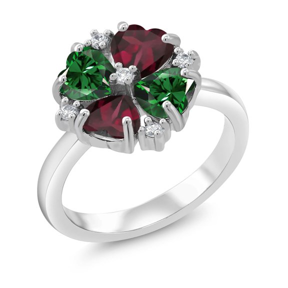 Gem Stone King 925 Sterling Silver Green Nano Emerald and Red Rhodolite Garnet Ring for Women (2.18 Cttw, Heart Shape 5MM, Gemstone May Birthstone, Size 9)