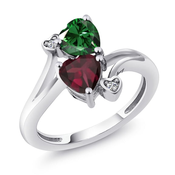 Gem Stone King 1.45 Cttw Green Nano Emerald Red Rhodolite Garnet and White Moissanite Ring for Women | 925 Silver | Heart Shape 6MM | Wedding Engagement Anniversary Promise Ring for Women | Size 5