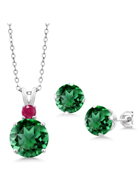 925 Sterling Silver Green Nano Emerald and Red Ruby Pendant and Earrings Jewelry Set for Women (10.63 Cttw, Round 10MM, Gemstone May Birthstone, with 18 inch Silver Chain)