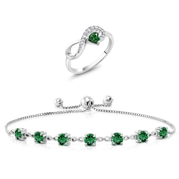 Gem Stone King 3.37 Cttw Green Nano Emerald Ring and Bracelet Jewelry Set for Women | 925 Sterling Silver | Gemstone May Birthstone | Heart Shape 4MM | Round 4.5MM | Size 9