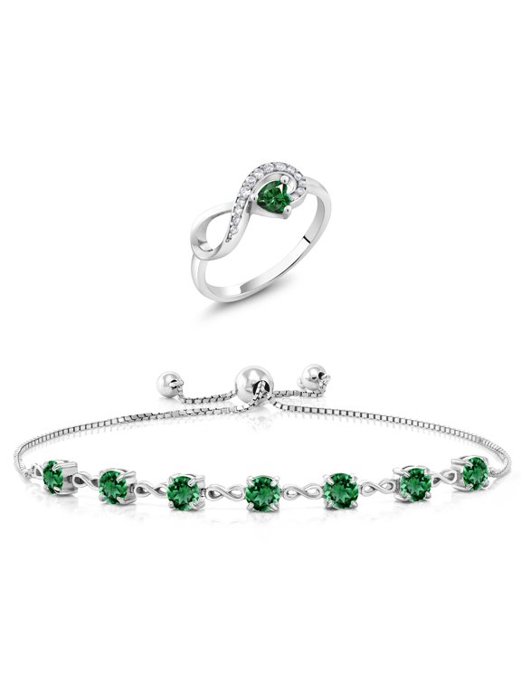 3.37 Cttw Green Nano Emerald Ring and Bracelet Jewelry Set for Women | 925 Sterling Silver | Gemstone May Birthstone | Heart Shape 4MM | Round 4.5MM | Size 9