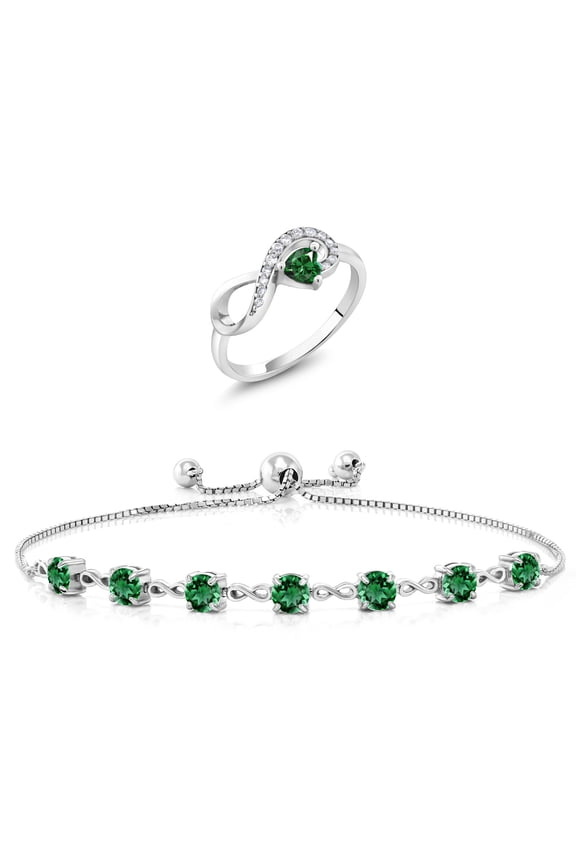 925 Sterling Silver Green Nano Emerald Ring and Bracelet Jewelry Set for Women | 3.37 Cttw | Gemstone May Birthstone | Heart Shape 4MM | Round 4.5MM | Size 9