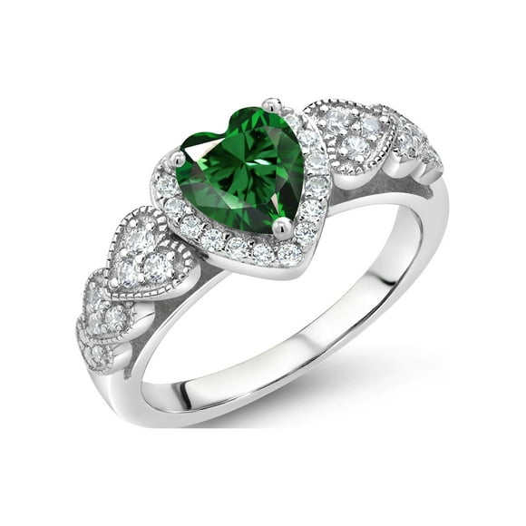 Gem Stone King 925 Sterling Silver Green Nano Emerald Ring For Women (1.13 Cttw, Heart Shape 6MM, Available in Size 5, 6, 7, 8, 9)