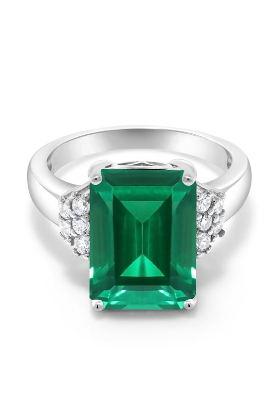 925 Sterling Silver Green Nano Emerald Ring for Women (6.80 Cttw, Gemstone May Birthstone, Emerald Cut 14X10MM, Available in Size 5, 6, 7, 8, 9)