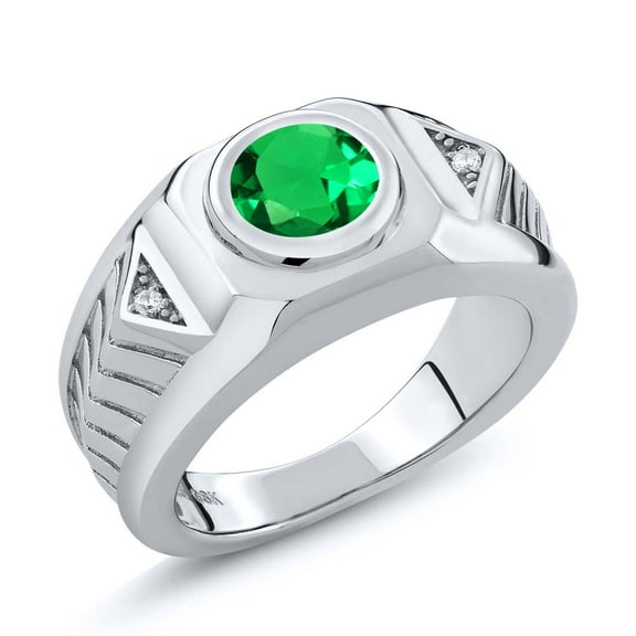 Gem Stone King 925 Sterling Silver Green Nano Emerald Ring for Men | 1.68 Cttw | Round 8MM | Gemstone May Birthstone | Size 12