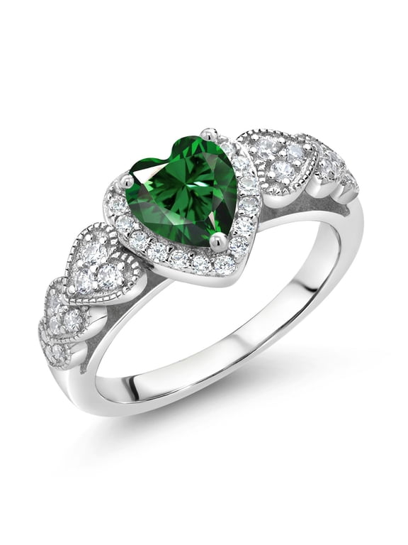 925 Sterling Silver Green Nano Emerald Ring for Women (1.13 Cttw, Heart Shape 6MM, Available in Size 5, 6, 7, 8, 9)