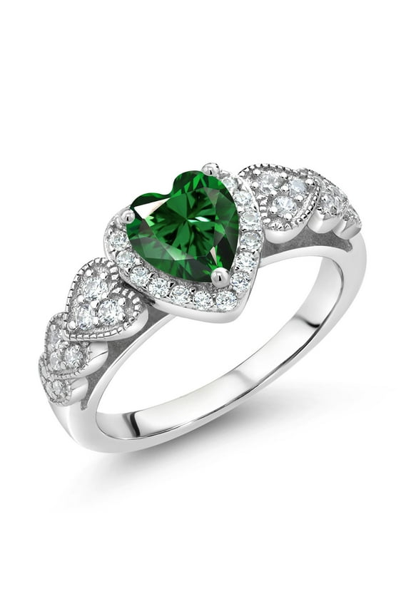 925 Sterling Silver Green Nano Emerald Ring for Women (1.13 Cttw, Heart Shape 6MM, Available in Size 5, 6, 7, 8, 9)