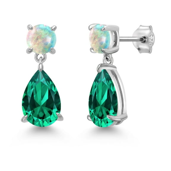 Gem Stone King 925 Sterling Silver Green Nano Emerald and Simulated White Opal Earrings for Women | 6.88 Cttw | Gemstone May Birthstone | Pear Shape 12X8MM
