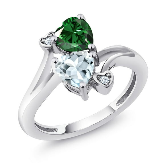 Gem Stone King 925 Sterling Silver Green Nano Emerald Sky Blue Aquamarine Ring for Women (1.38 Cttw, Heart Shape 6MM, Gemstone May Birthstone, Size 8)