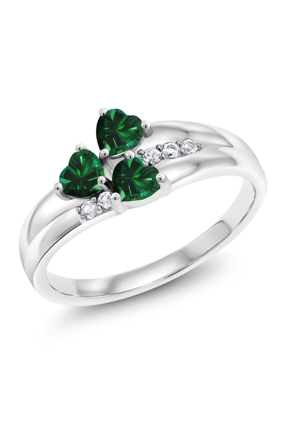 1.28 Cttw Green Nano Emerald and White Created Sapphire 3-Stone Ring for Women | 925 Sterling Silver | Heart Shape 4MM | Wedding Engagement Anniversary Promise Ring for Women | Size 8