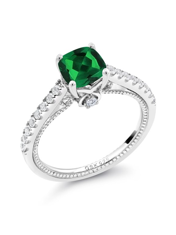 925 Sterling Silver Green Nano Emerald and White Created Sapphire Engagement Ring for Women (1.27 Cttw, Cushion 6MM, Gemstone May Birthstone, Available in Size 5, 6, 7, 8, 9)