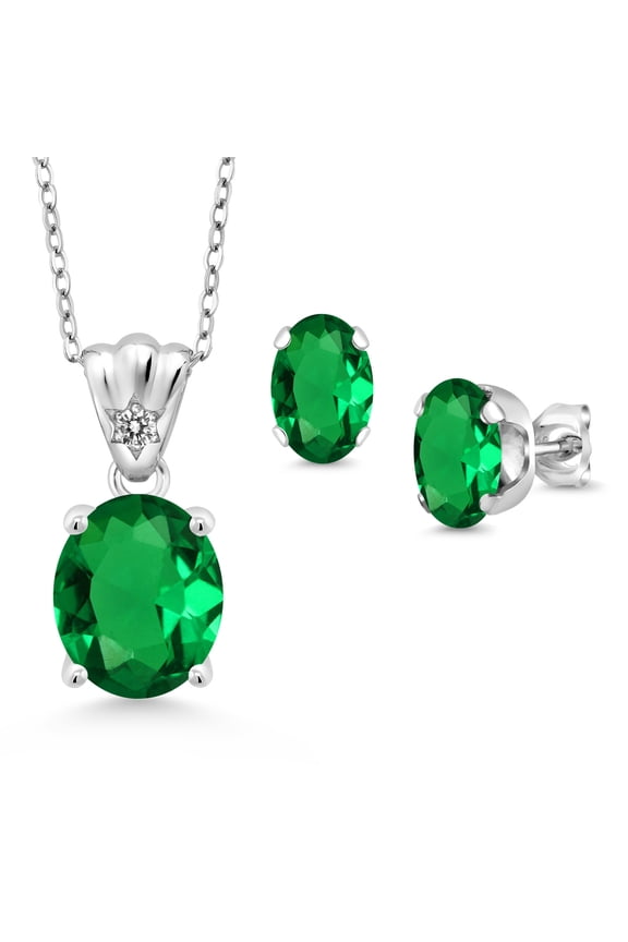 925 Sterling Silver Green Nano Emerald and White Diamond Pendant and Earrings Jewelry Set for Women (4.28 Cttw, Gemstone Birthstone, Oval 11X9MM and 8X6MM with 18 inch Silver Chain)
