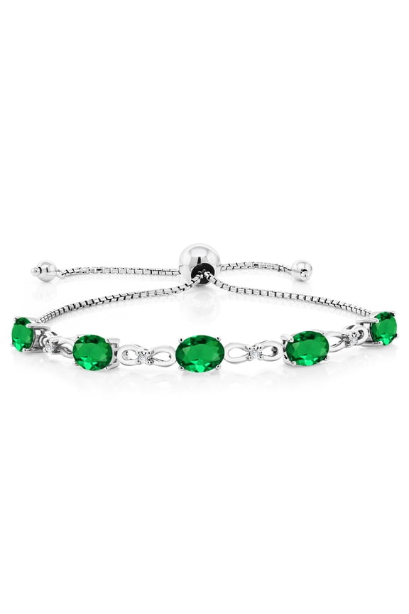 925 Sterling Silver Green Nano Emerald and White Lab Grown Diamond Tennis Bracelet for Women (3.00 Cttw, Gemstone May Birthstone, Oval 7x5MM, Fully Adjustable up to 9 inch)
