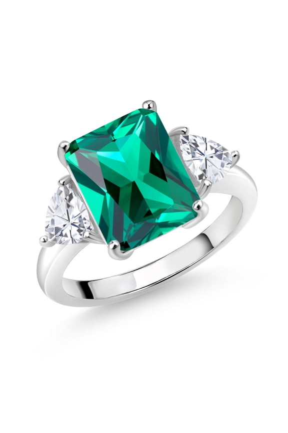 925 Sterling Silver Green Nano Emerald and White Moissanite 3 Stone Ring for Women (6.42 Cttw, Emerald Cut 12X10MM, Trillion 5X5MM, Available in Size 5,6,7,8,9)