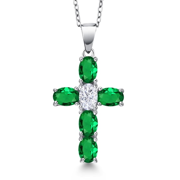 Gem Stone King 925 Sterling Silver Green Nano Emerald and White Moissanite Cross Pendant Necklace for Women | 2.50 Cttw | Gemstone May Birthstone | Oval 6X4MM | With 18 inch Chain