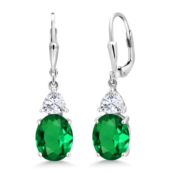 Gem Stone King 925 Sterling Silver Green Nano Emerald and White Moissanite Dangle Earrings for Women (4.94 Cttw, Gemstone May Birthstone, Oval 10X8MM, Trillion 5MM)