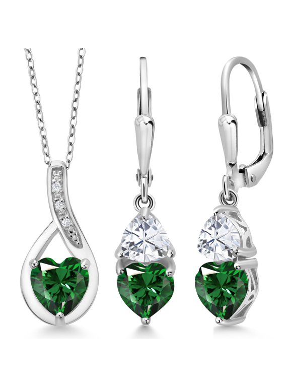 925 Sterling Silver Green Nano Emerald and White Moissanite Pendant Earrings Set for Women (3.34 Cttw, Gemstone May Birthstone, with 18 inch Chain)