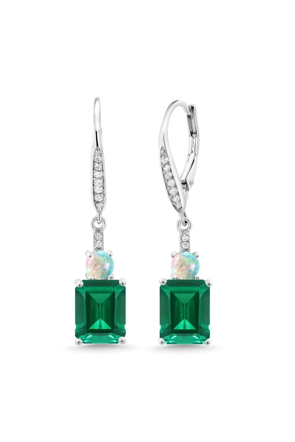925 Sterling Silver Green Nano Emerald and White Opal Dangle Earrings for Women (4.50 Cttw, Gemstone May Birthstone, Emerald Cut 9X7MM)