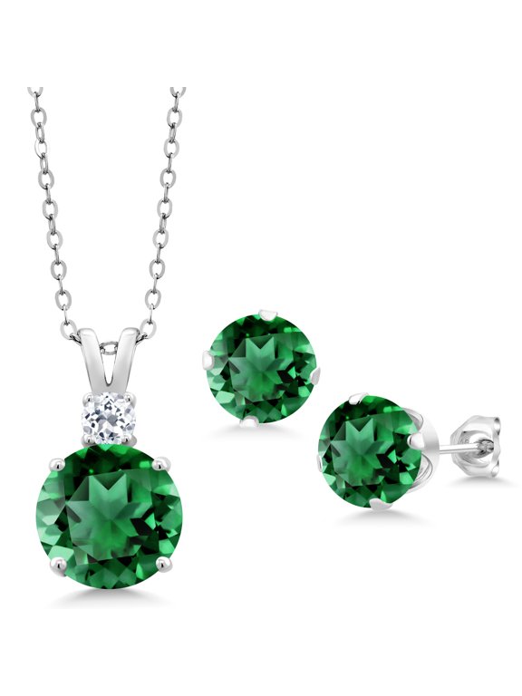 925 Sterling Silver Green Nano Emerald and White Topaz Pendant and Earrings Jewelry Set for Women (10.60 Cttw, Round 10MM, Gemstone May Birthstone, with 18 inch Silver Chain)