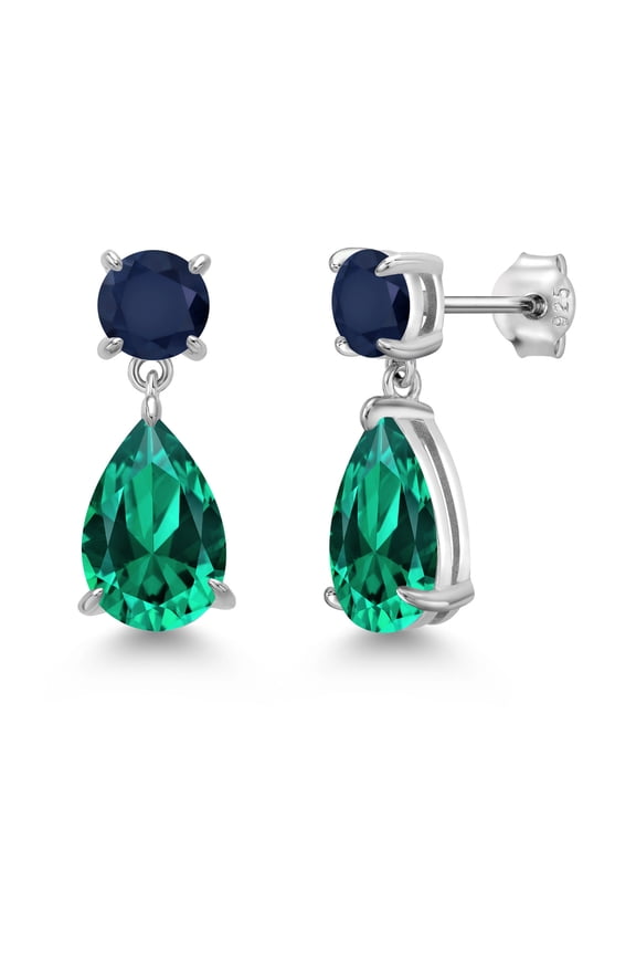 7.08 Cttw Green Nano Emerald and Blue Sapphire Teardrop Dangle Drop Earrings for Women | 925 Sterling Silver | Gemstone Birthstone | Pear Shape 12X8MM and Round 6MM