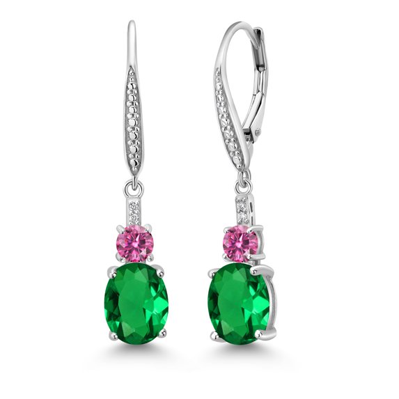 Gem Stone King 925 Sterling Silver Green Nano Emerald and Pink Moissanite Dangle Earrings for Women with Lab Grown Diamond (3.49 Cttw, Oval 9X7MM)