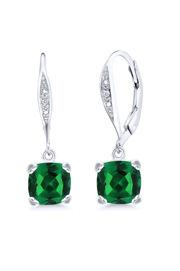 925 Sterling Silver Green Nano Emerald and White Diamond Earrings for Women (1.31 Cttw, Gemstone May Birthstone, Cushion 7MM)