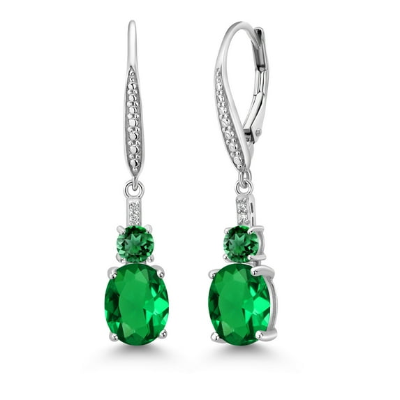 Gem Stone King 925 Sterling Silver Green Nano Emerald and White Lab Grown Diamond Dangle Earrings for Women (3.63 Cttw, Oval 9X7MM)