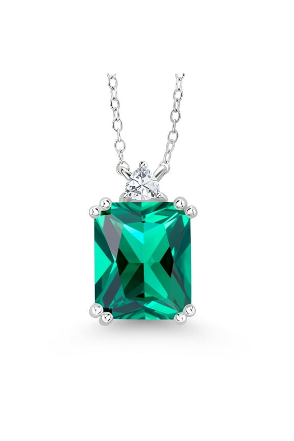 925 Sterling Silver Green Nano Emerald and White Moissanite Pendant Necklace for Women (5.64 Cttw, with 18 inch Silver Chain)