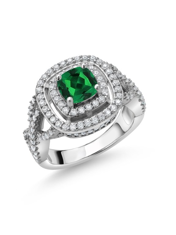 925 Sterling Silver Green Nano Emerald and White Moissanite Ring for Women (1.91 Cttw, Gemstone Birthstone, Cushion Cut 6MM, Size 5)