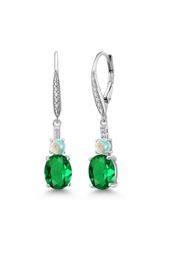 925 Sterling Silver Green Nano Emerald and White Opal Dangle Earrings for Women with Lab Grown Diamond (3.53 Cttw, Oval 9X7MM)
