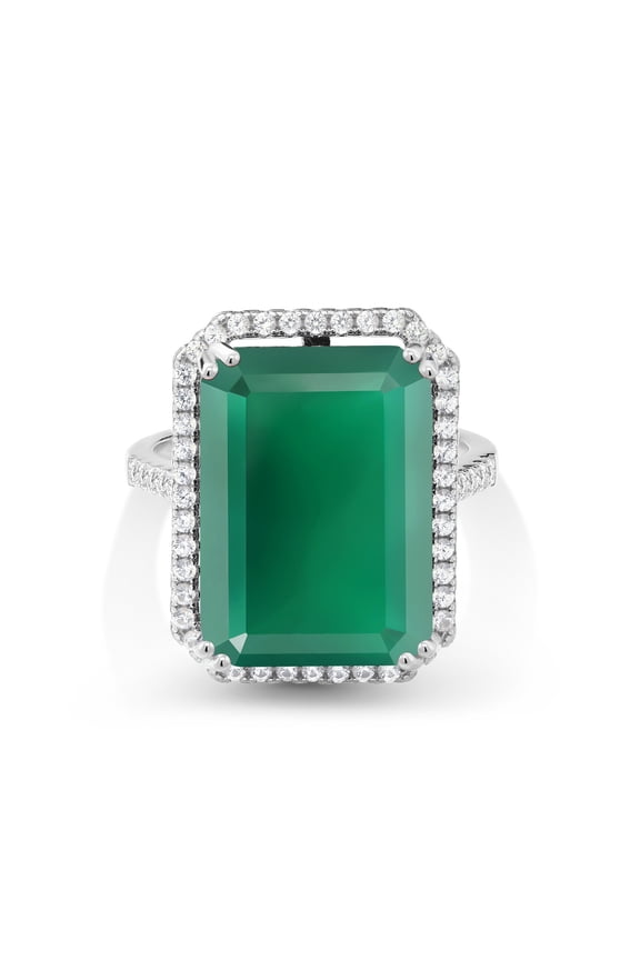 925 Sterling Silver Green Onyx Ring for Women (16.14 Cttw, Emerald Cut 18X13MM, Gemstone Birthstone, Available in Size 5, 6, 7, 8, 9)