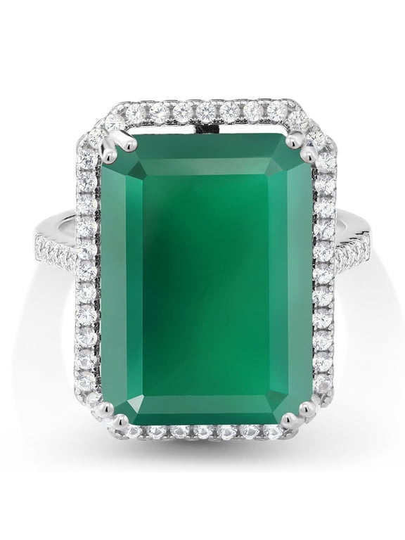 925 Sterling Silver Green Onyx Ring for Women (16.14 Cttw, Emerald Cut 18X13MM, Gemstone Birthstone, Available in Size 5, 6, 7, 8, 9)