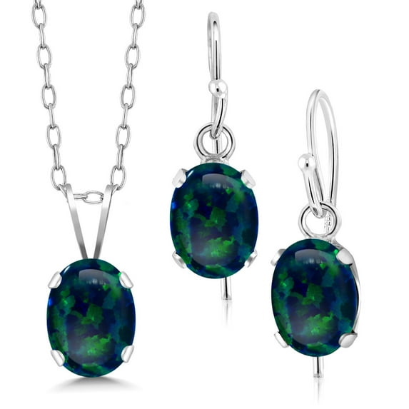 Gem Stone King 925 Sterling Silver Green Opal Pendant and Earrings Jewelry Set for Women (1.89 Cttw, Oval Cabochon 7X5MM, Gemstone October Birthstone, With 18 inch Silver Chain)