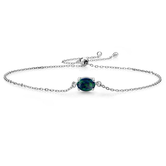 Gem Stone King 925 Sterling Silver Green Opal Solitaire Bracelet for Women (0.63 Cttw, Oval Cabochon Cut 7x5mm)