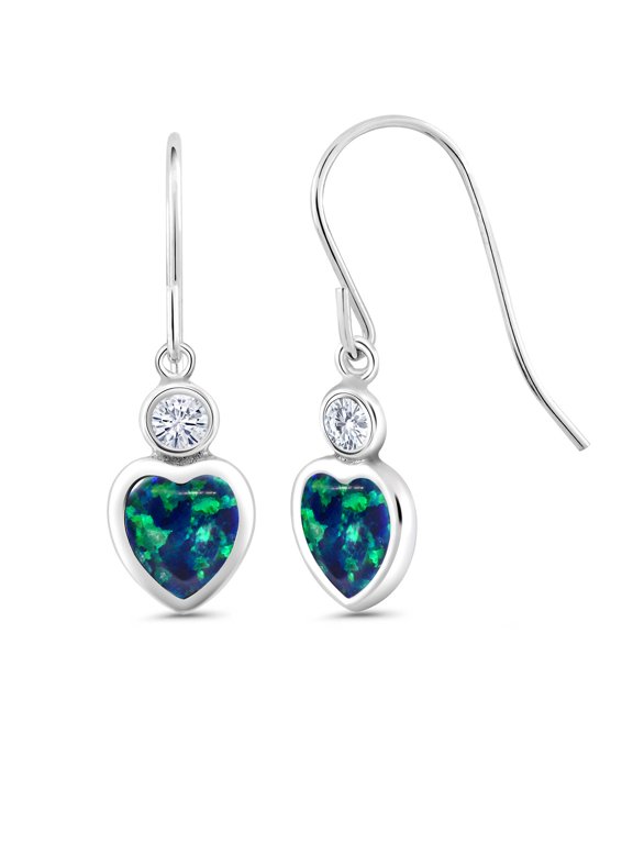 925 Sterling Silver Green Opal and White Moissanite French Wire Dangle Hook Earrings for Women (1.70 Cttw, Gemstone October Birthstone, Heart Shape 6MM)