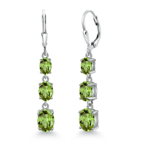 Gem Stone King 925 Sterling Silver Green Peridot 3 Stone Dangle Earrings for Women (5.64 Cttw, Gemstone August Birthstone, Oval 8X6MM, 7X5MM and 6X4MM)
