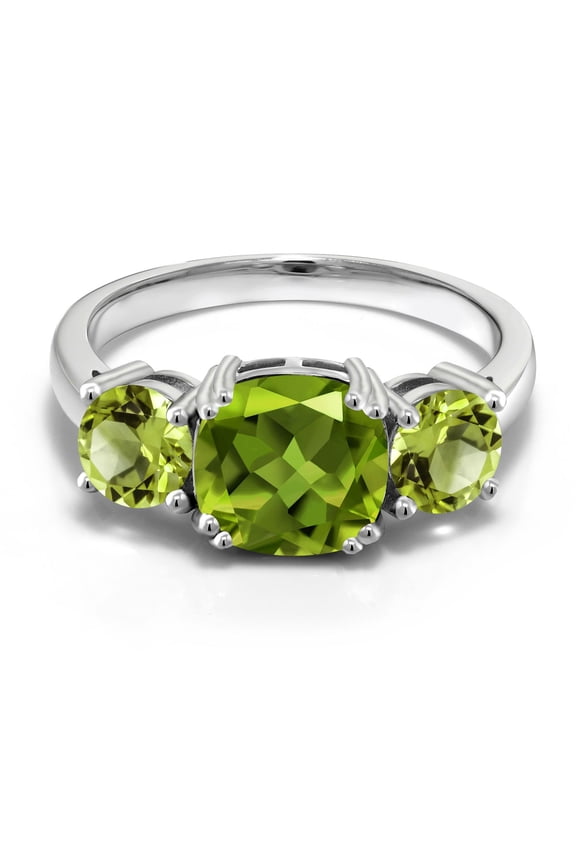 3.45 Cttw Green Peridot 3-Stone Engagement Ring for Women | 925 Sterling Silver | Gemstone August Birthstone | Cushion 8MM | Three Stone Wedding Anniversary Promise Ring | Size 7