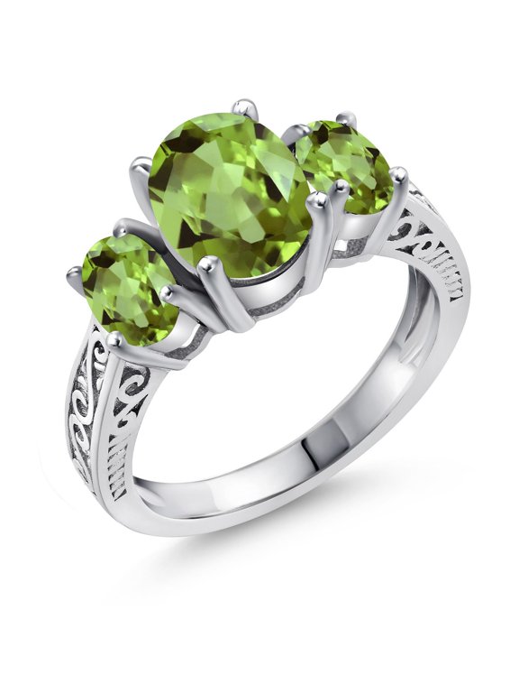 925 Sterling Silver Green Peridot 3-Stone Women Ring (2.35 Cttw, Oval Gemstone Birthstone, Available in Size 5, 6, 7, 8, 9)