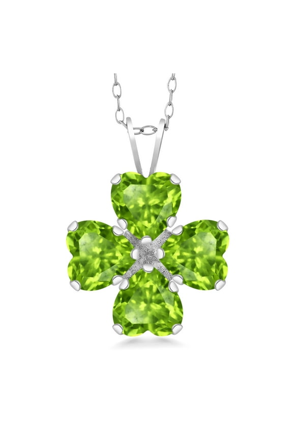925 Sterling Silver Green Peridot 4 Heart Shape Gemstone August Birthstone Pendant Necklace for Women (3.32 Cttw, 6MM Heart, with 18 inch Silver Chain)