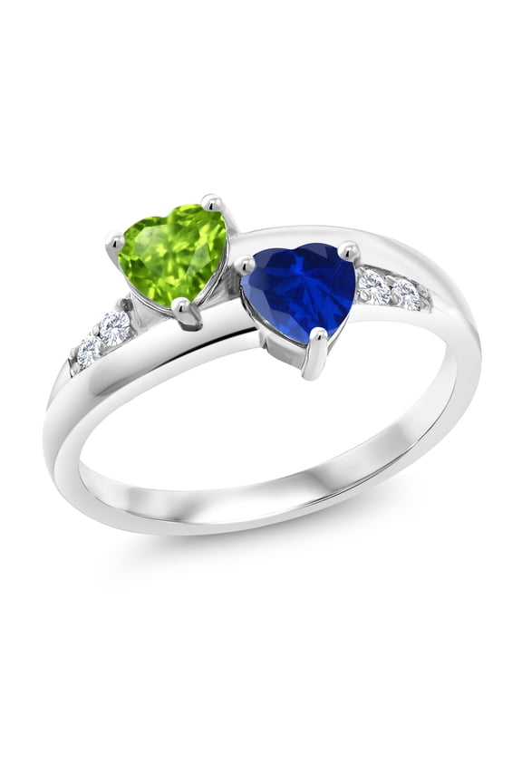 925 Sterling Silver Green Peridot Blue Created Sapphire and White Lab Grown Diamond Heart Shape Ring for Women | 1.19 Cttw | Gemstone Birthstone | Size 5